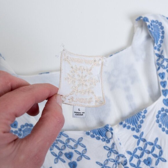 Johnny Was Dress White With Blue Embroidered Hearts Eyelet Button Up Boho Large - Picture 6 of 16